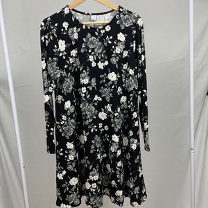 New long sleeve jersey swing dress, black floral